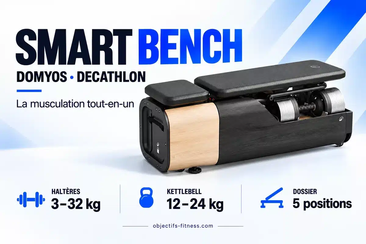 Smart Bench Domyos de Decathlon : banc de musculation tout-en-un avec haltères 3-32 kg, kettlebell 12-24 kg et dossier 5 positions