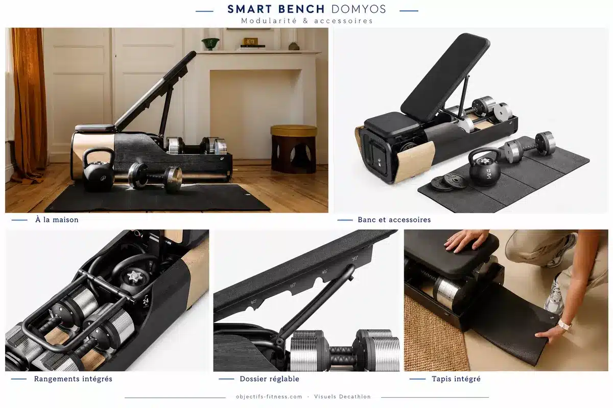 Smart Bench Domyos en situation : banc au salon, haltères et kettlebell rangés dans le banc, dossier crané de 30 à 80 degrés et tapis intégré